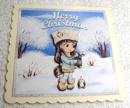 Snow Christmas 11 - 6x6 inch card front with decoupage by Margaret Scott