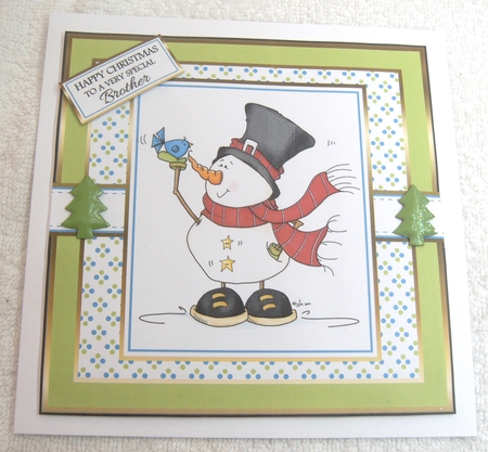 8x8 Snowy & his Bluebird Card Front  by Margaret Scott