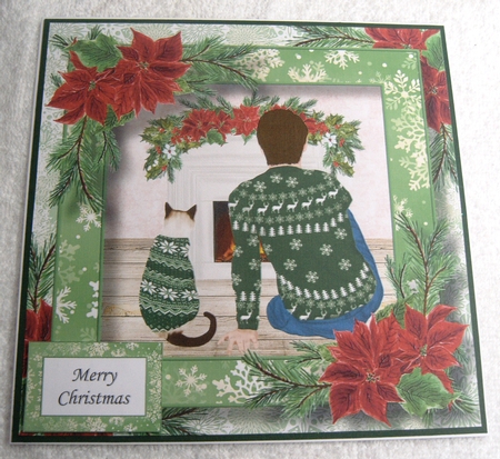 Fireside Christmas - Man & Cat 8x8 by Margaret Scott