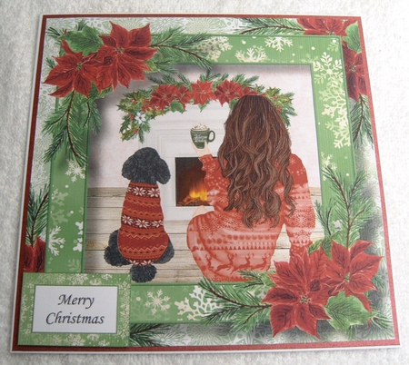 Fireside Christmas - Lady & Dog In Red 8x8 by Margaret Scott