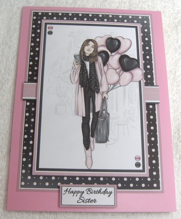 A5 Lady with Pink Balloons Card Front Topper & Sentiments  by Margaret Scott