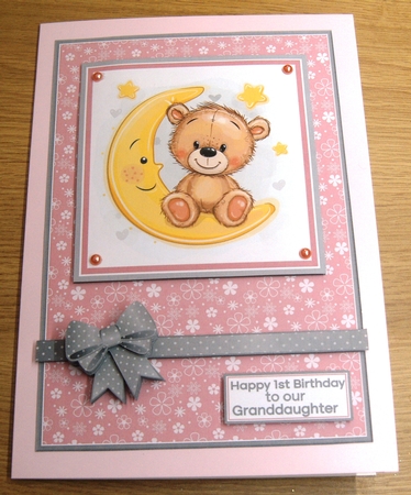 A5 Teddys 1st Birthday (Girl) Card Front, Topper and Decoupage with sentiments  by Margaret Scott