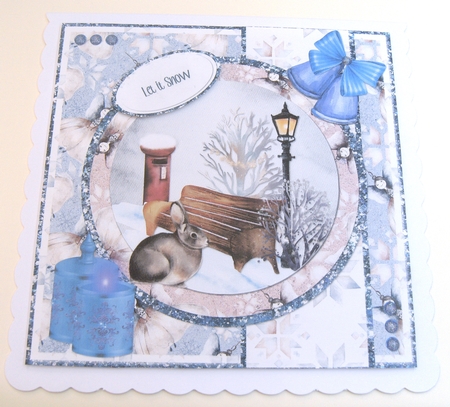 Snowy Village 16: Rabbit & Pillar Box 8 x 8 Card Front with Sentiments by Margaret Scott