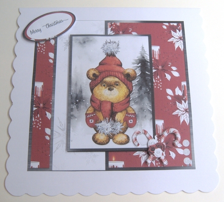 Festive Bears 14: Pom Pom Bear 6 x 6 Card Front with Topper, Decoupage and Sentiments by Margaret Scott