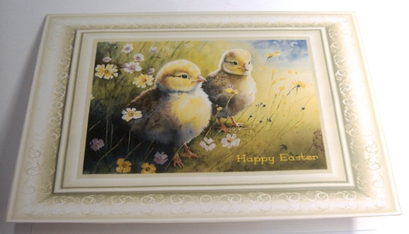 watercolour background of spring chicks by Margaret Scott