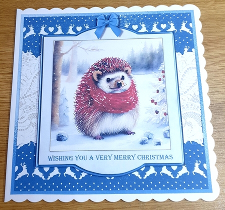 Cute ChristmasHedgehogs in colourful scarves card toppers for 8x8 cards by Margaret Scott