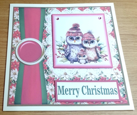 Poinsettia Christmas owl family card front 3 by Margaret Scott