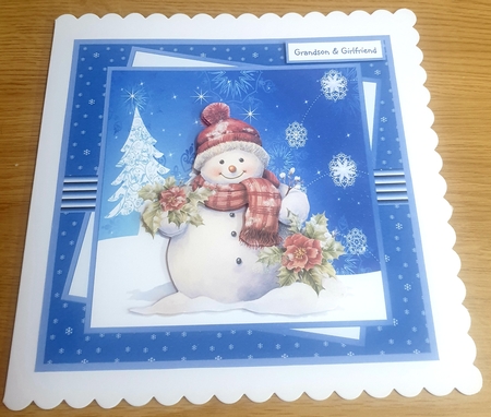 Snowman with flowers 7x7, sentiment tiles,decoupage, insert and shaped card topper by Margaret Scott