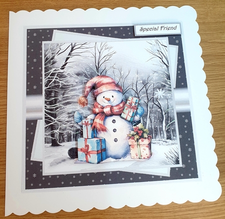 Snowman and gifts 7x7 card , sentiment tiles, decoupage, insert and two gift tags by Margaret Scott
