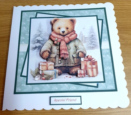teddy bear and gifts 7x7, with sentiment tiles, decoupage, insert and gift tags by Margaret Scott