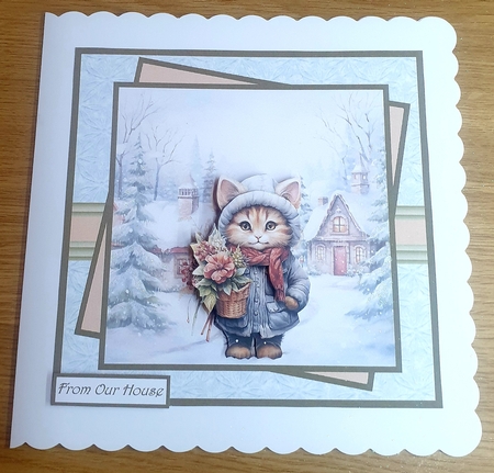 Christmas cat with poinsettia plant 7x7, decoupage, insert and gift tags by Margaret Scott