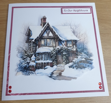 House in the snow, 7x7 card with sentiment tiles, decoupage, insert and gift cards by Margaret Scott