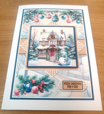 Christmas House With Snowman A5 Card Front & Toppers Minikit by Margaret Scott