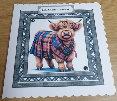 Tartan Highland cow card front 1 by Margaret Scott