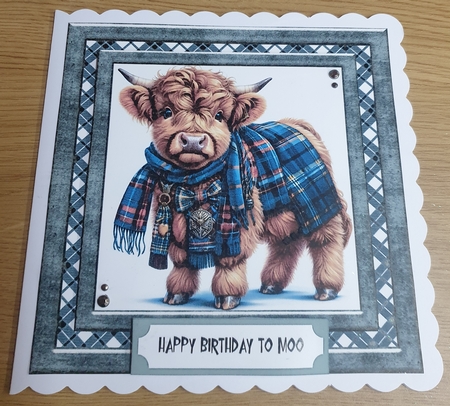 Tartan Highland cow card front 2 by Margaret Scott
