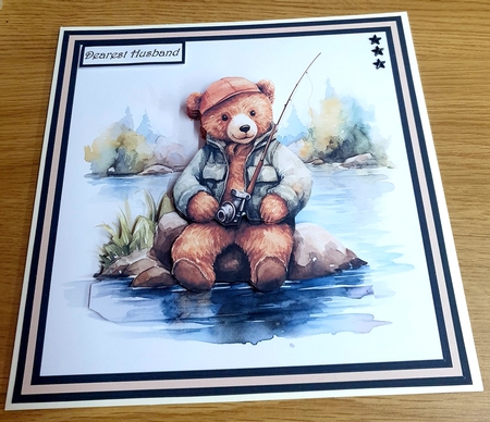 Vintage teddy fishing 7x7 card, insert and decoupage by Margaret Scott