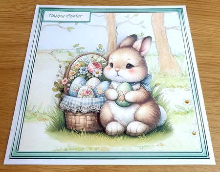 Rabbit with a basket of Easter eggs 7x7, decoupage, insert and toppers by Margaret Scott