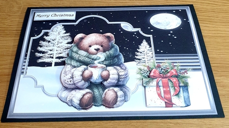 Bear and hot chocolate, decoupage and sentiment tiles by Margaret Scott