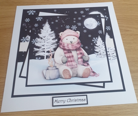 Polar bear keeping warm 7x7 card, decoupage, insert and toppers by Margaret Scott