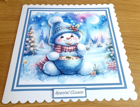 Snowman eating his soup 7x7, decoupage, insert and toppers by Margaret Scott