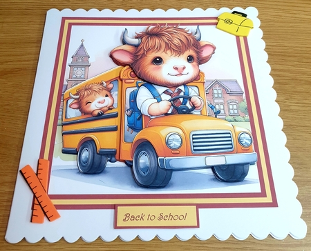 Highland cow back to school 7x7, sentiment tiles and decoupage by Margaret Scott