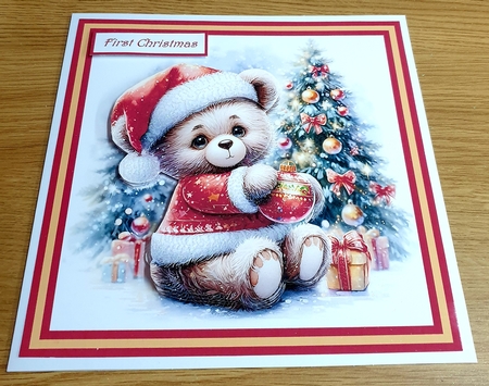 teddy bear decorating the Christmas tree 7x7, sentiment tiles, decoupage by Margaret Scott
