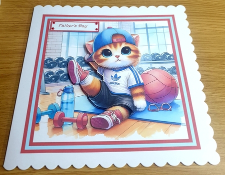 Kitten workout at the gym 7x7 card, sentiment tiles and decoupage by Margaret Scott