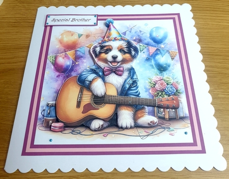 Dog plays a tune 7x7, sentiment tiles and decoupage by Margaret Scott