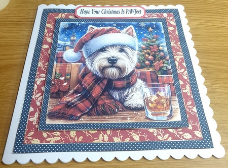 Christmas Westie with whisky card front 2 by Margaret Scott