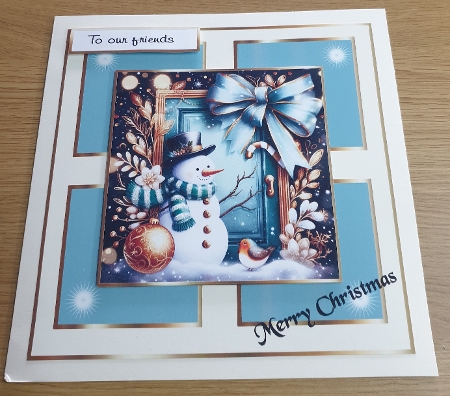 teal christmas snowman at the door 2 by Margaret Scott