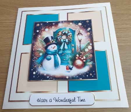 teal christmas snowman at the door 1 insert by Margaret Scott
