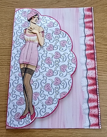 Art Deco Pink Corset Lady Wavey Edge Card Front by Margaret Scott