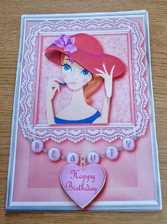 Beauty Red Hat Lady Card Front Decoupage by Margaret Scott