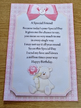 A Special Friend Card Front with Verse Pink by Margaret Scott