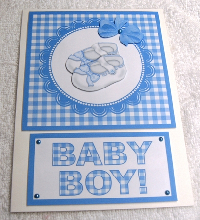 New Baby Boy Blue Gingham Baby Shoes Topper Decoupage Card by Margaret Scott