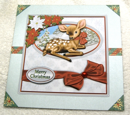 Christmas Deer Silver and Red Card Front by Margaret Scott