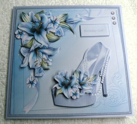 Lilies and Birthday Shoes Card with Decoupage by Margaret Scott