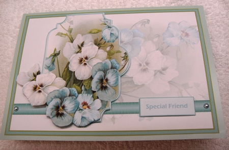 Aqa and White Pansy Card with Decoupage by Margaret Scott