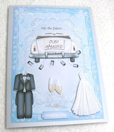 Wedding Card with Just Married Car & Wedding Outfits by Margaret Scott