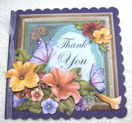 Petunias and Butterflies Thank You Square Card Topper by Margaret Scott