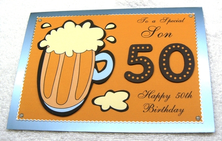 50th Birthday card for Son with pint of beer by Margaret Scott