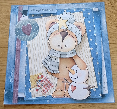 Cosy bear and snowman 7x7 card with decoupage by Margaret Scott