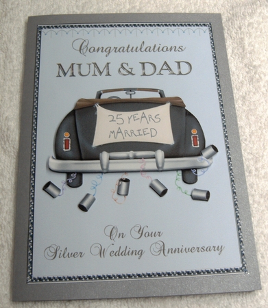 Silver wedding anniversary card for Mum & Dad with wedding car and trailing cans by Margaret Scott