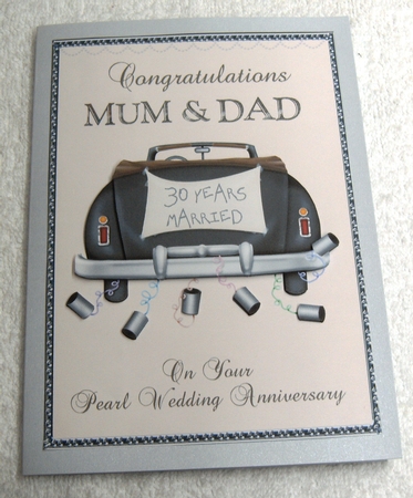 Pearl wedding anniversary card for Mum & Dad with wedding car and trailing cans by Margaret Scott