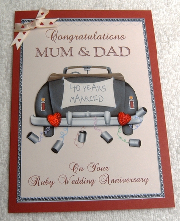 Ruby wedding anniversary card for Mum & Dad with wedding car and trailing cans by Margaret Scott