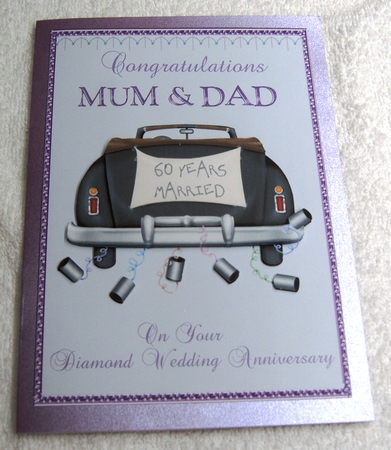 Diamond wedding anniversary card for Mum & Dad with wedding car and trailing cans by Margaret Scott
