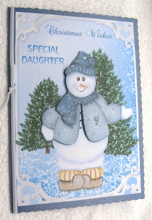 Christmas card for Special Daughter with snowman decoupage by Margaret Scott