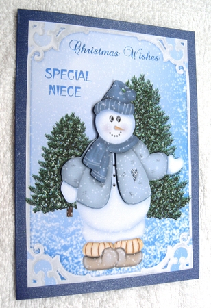 Christmas card for Special Niece with snowman decoupage by Margaret Scott
