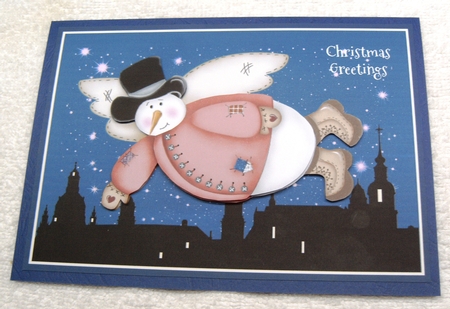Christmas card with flying snowman, decoupage & family sentiments by Margaret Scott
