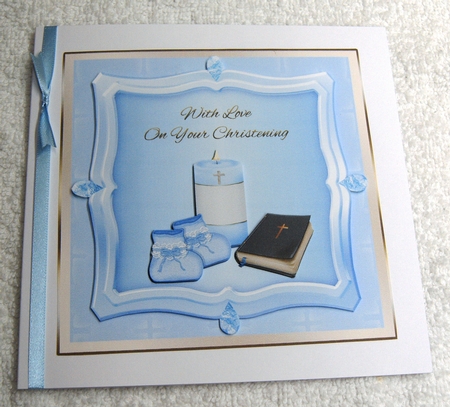 Blue Candle & Bootees Christening Card by Margaret Scott